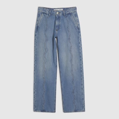 Blue Relaxed Straight Scallop Seam Jeans