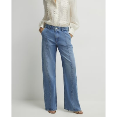 Blue Relaxed Straight Scallop Seam Jeans