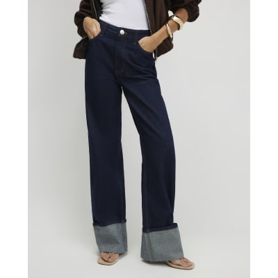 Blue Relaxed Straight Turn Up Cuff Jeans