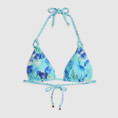 Blue Reversible Floral Print Bikini Top