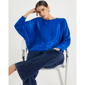 Blue Satin Long Batwing Sleeve Top