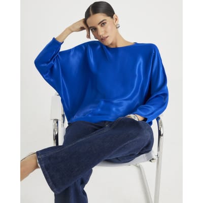 Blue Satin Long Batwing Sleeve Top
