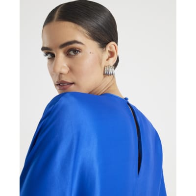 Blue Satin Long Batwing Sleeve Top