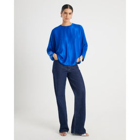 Blue Satin Long Batwing Sleeve Top