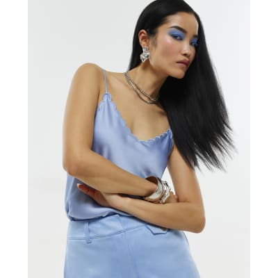 Blue Satin Scallop Trim Cami Top