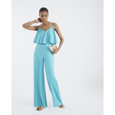 Blue Satin Sleeveless Frill Jumpsuit