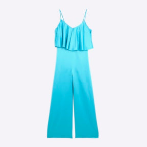 Blue Satin Sleeveless Frill Jumpsuit