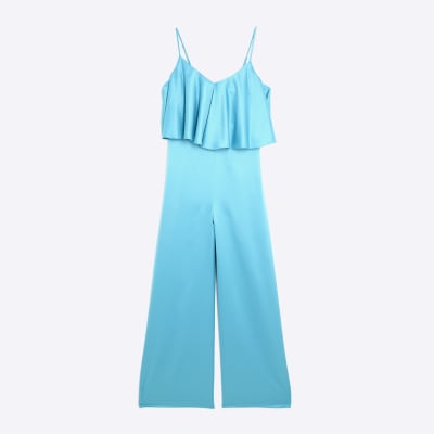 Blue Satin Sleeveless Frill Jumpsuit