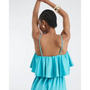 Blue Satin Sleeveless Frill Jumpsuit
