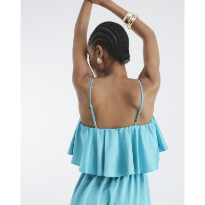 Blue Satin Sleeveless Frill Jumpsuit
