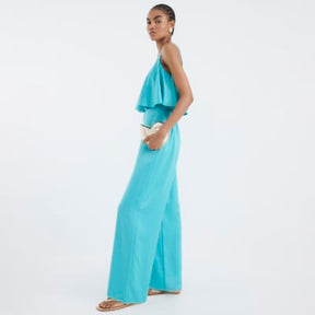 Blue Satin Sleeveless Frill Jumpsuit