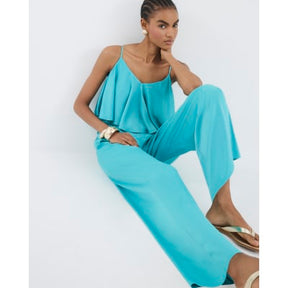 Blue Satin Sleeveless Frill Jumpsuit