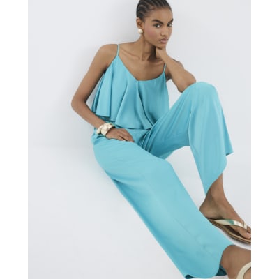 Blue Satin Sleeveless Frill Jumpsuit
