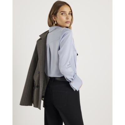 Blue Satin Tie Detail Long Sleeve Shirt