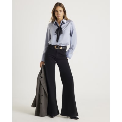 Blue Satin Tie Detail Long Sleeve Shirt