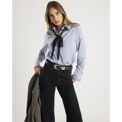 Blue Satin Tie Detail Long Sleeve Shirt