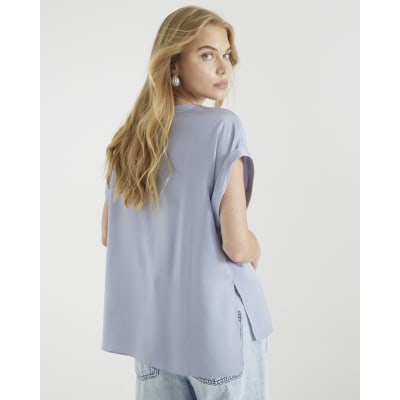 Blue Satin Turn Back Cuff T-Shirt