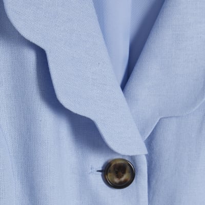 Blue Scallop Trim Linen Blend Cropped Jacket