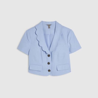 Blue Scallop Trim Linen Blend Cropped Jacket