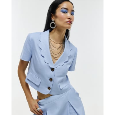 Blue Scallop Trim Linen Blend Cropped Jacket