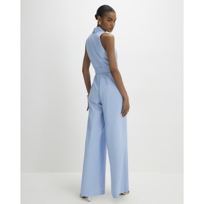 Blue Scallop Trim Linen Blend Jumpsuit