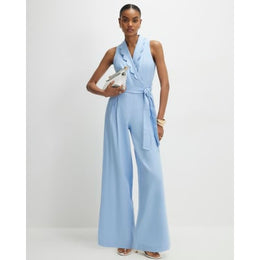 Blue Scallop Trim Linen Blend Jumpsuit