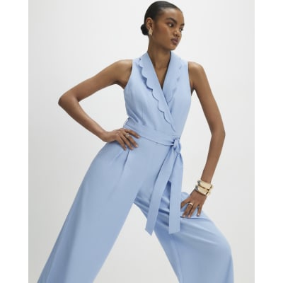 Blue Scallop Trim Linen Blend Jumpsuit