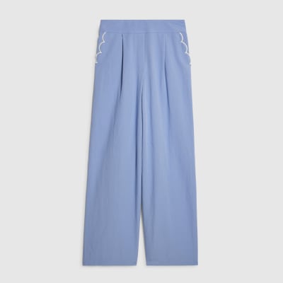 Blue Scallop Trim Wide Leg Trousers
