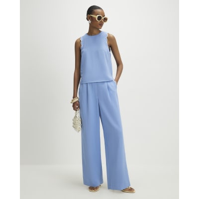 Blue Scallop Trim Wide Leg Trousers