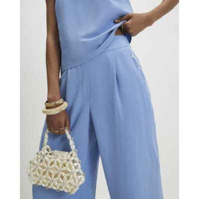 Blue Scallop Trim Wide Leg Trousers