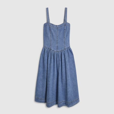 Blue Seamed Midi Denim Swing Dress