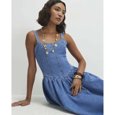 Blue Seamed Midi Denim Swing Dress