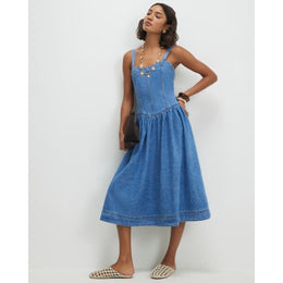 Blue Seamed Midi Denim Swing Dress
