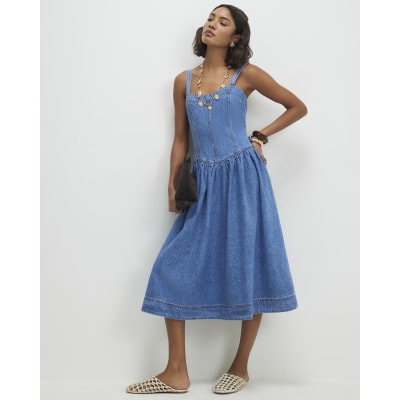 Blue Seamed Midi Denim Swing Dress