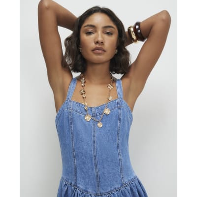 Blue Seamed Midi Denim Swing Dress