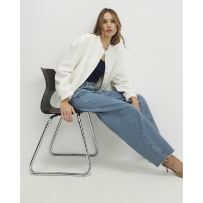 Blue Seamed Raw Hem Barrel Leg Jeans