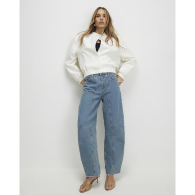Blue Seamed Raw Hem Barrel Leg Jeans