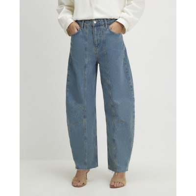 Blue Seamed Raw Hem Barrel Leg Jeans