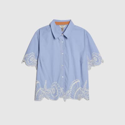 Blue Shell Embroidered Hem Shirt