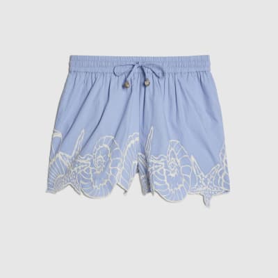 Blue Shell Embroidered Hem Shorts