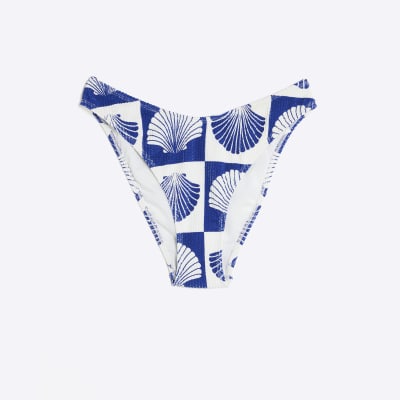 Blue Shell Print Textured Bikini Bottoms