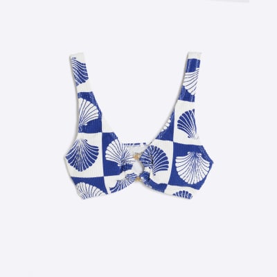 Blue Shell Print Textured Bikini Top