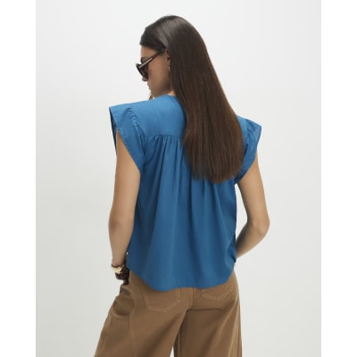 Blue Shirred Tie Neck Top