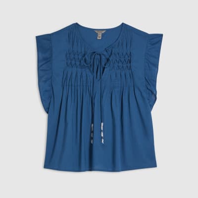 Blue Shirred Tie Neck Top
