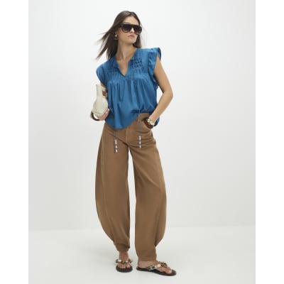 Blue Shirred Tie Neck Top