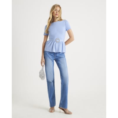 Blue Short Sleeve Belted Pleat Top