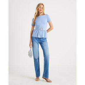 Blue Short Sleeve Belted Pleat Top