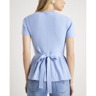 Blue Short Sleeve Belted Pleat Top
