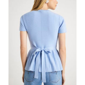 Blue Short Sleeve Belted Pleat Top