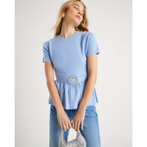 Blue Short Sleeve Belted Pleat Top